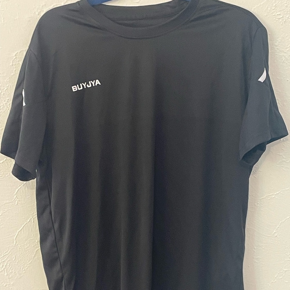 BUYJYA Men’s Black Athletic T-Shirt Reflective Stripes Short Sleeve Training Top